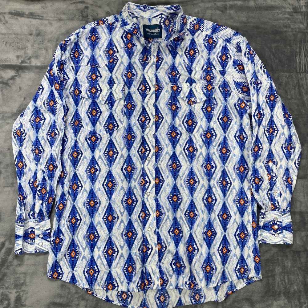 Wrangler Shirt Mens Large Blue Orange Aztec Diamond Western Pearl Snap Cotton
